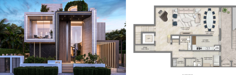 Modern luxury villa exterior with basement washroom floor plan layout for building washrooms in basements