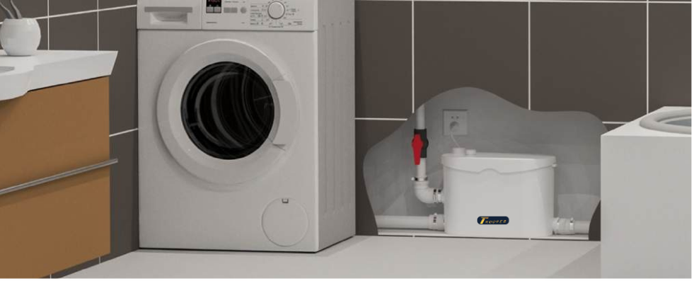 Trooper pump with vent and carbon filter installed under washing machine to control drainage odors