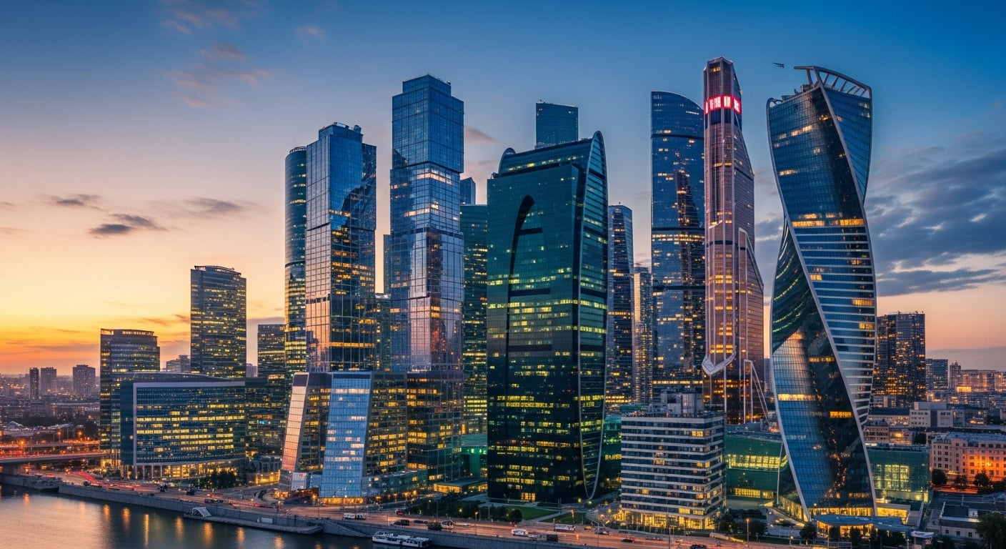 Modern city skyline at sunset featuring illuminated skyscrapers and business district buildings