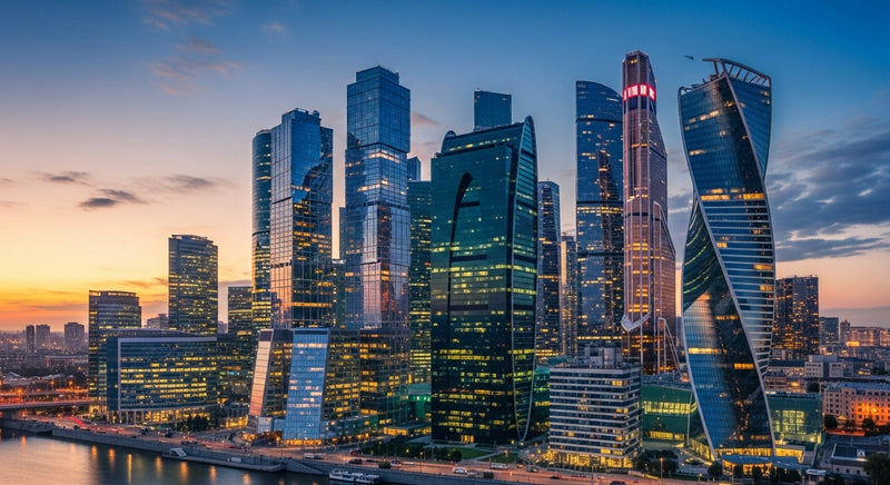 Modern city skyline at sunset featuring illuminated skyscrapers and business district buildings