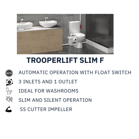 Trooperlift Slim F toilet pump for automatic washroom operation.