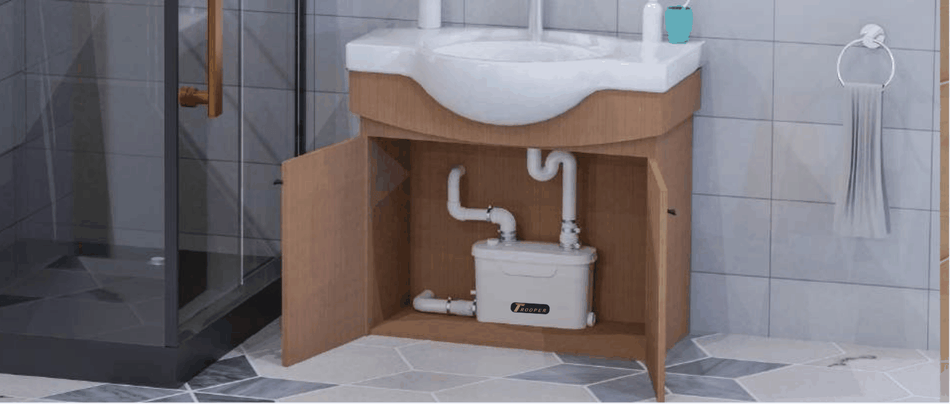 Trooperlift Slim V under-sink wastewater lifting system installation.