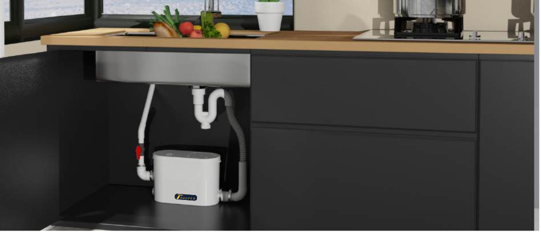 Trooperlift Easy V under-sink food waste macerator with stylish cabinetry.