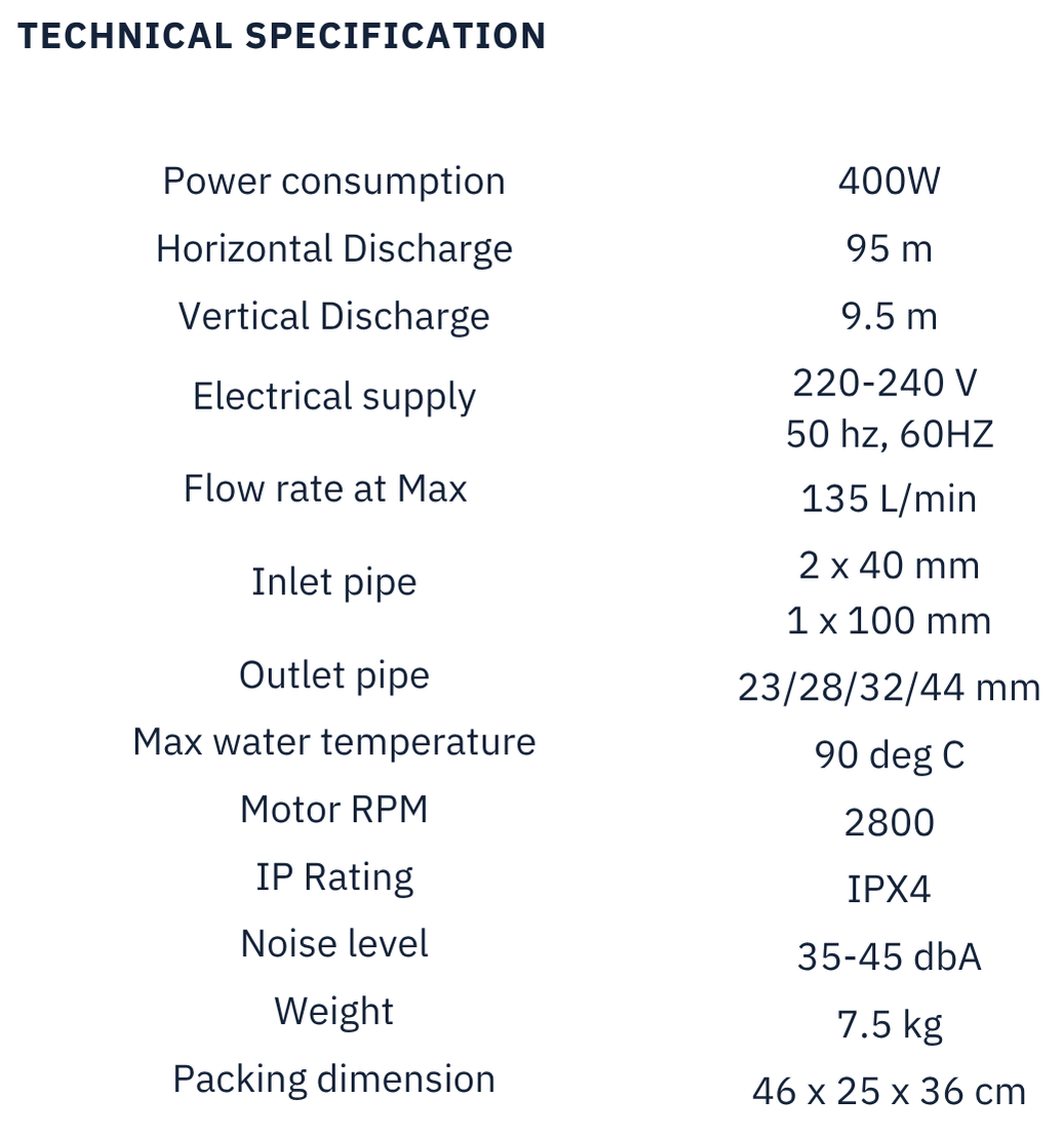 Technical specifications for Trooperlift Easy S water pump.