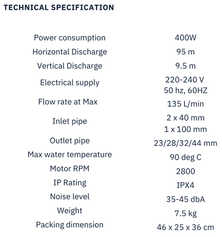 Technical specifications for Trooperlift Easy S water pump.