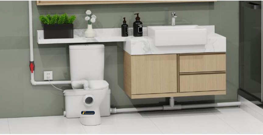 Trooperlift Excel F bathroom installation with modern cabinetry and fixtures.