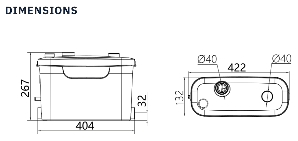 Trooperlift Slim V dimensions diagram for SFA Sanivite replacement.